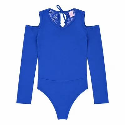 Blusa Rose Feijão Body Manga Longa Furo No Ombro Com Renda