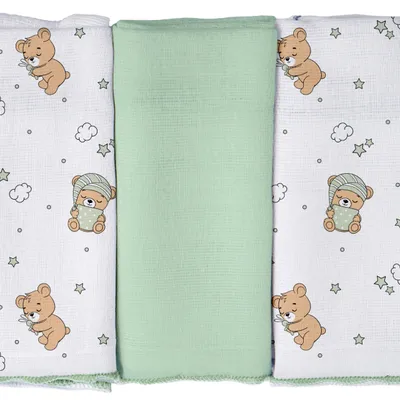 Kit Pano De Boca Pixuxu Estampa Urso Verde 3 Peças