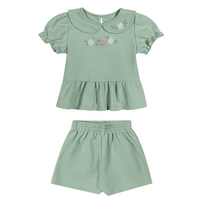 Conjunto Bebê Angero Blusa Gola Aplique Flores e Short