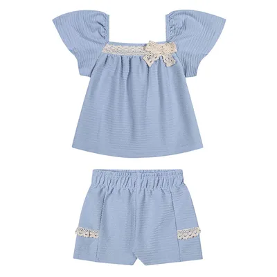 Conjunto Infantil Angerô Blusa Listrada Aplique Laço e Short