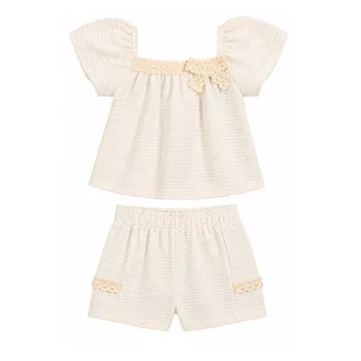 Conjunto Infantil Angerô Blusa Listrada Aplique Laço e Short Conjunto Infantil Angerô Blusa Listrada Aplique Laço e Short