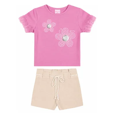 Conjunto Infantil Angerô Blusa Bordado Flores e Short