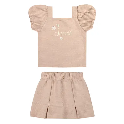 Conjunto Infantil Angerô Blusa Bordado Flor e Short Saia