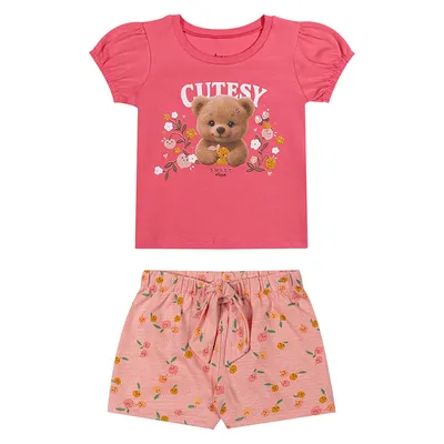 Conjunto Bebê Elian Blusa Estampa Ursa Flores E Short Laço