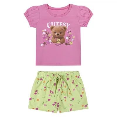 Conjunto Bebê Elian Blusa Estampa Ursa Flores E Short Laço