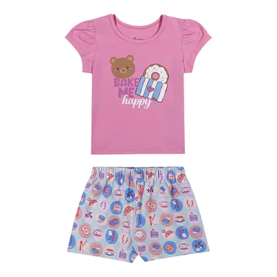 Conjunto Bebê Elian Blusa Estampa Ursa Donuts E Short Laço