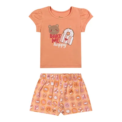 Conjunto Bebê Elian Blusa Estampa Ursa Donuts E Short Laço