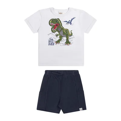 Conjunto Infantil Elian Camiseta Estampa Dinossauro e Bermuda