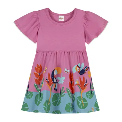 Vestido Infantil Elian Detalhe Babados Estampa Tucano