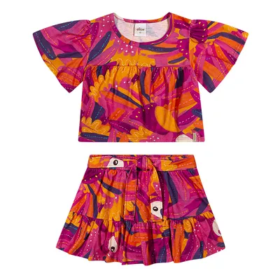 Conjunto Infantil Elian Blusa Bata Estampa Penas E Short Saia