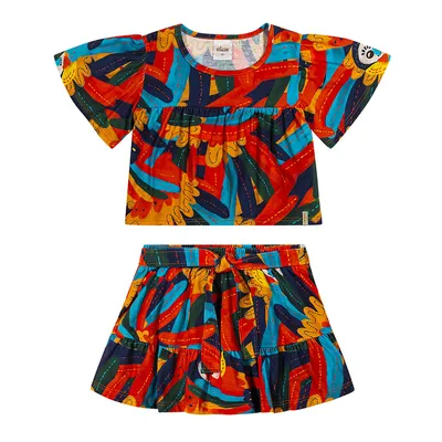 Conjunto Infantil Elian Blusa Bata Estampa Penas E Short Saia Conjunto Infantil Elian Blusa Bata Estampa Penas E Short Saia