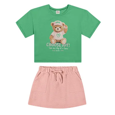 Conjunto Juvenil Elian Blusa Estampa Urso Love E Short Saia