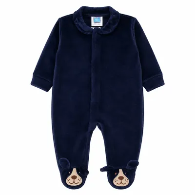 Macacão Longo Bebê Din Don Plush Pés Bordado Cachorrinho