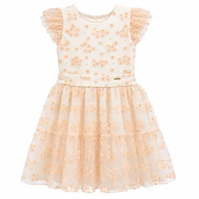 Vestido Infantil Pupila Manga Curta Trabalhado Flores Tule