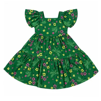 Vestido Infantil Hrradinhos Gola Quadrada Estampa Flores