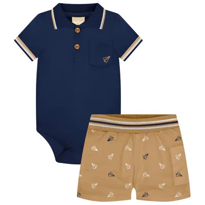 Conjunto Bebê Milon Body e Bermuda Estampa Avião