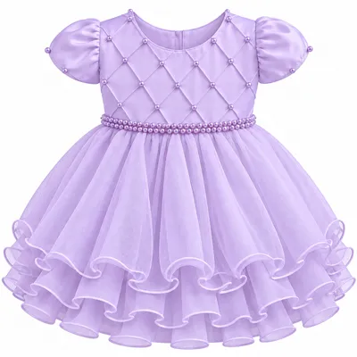 Vestido Bebê Nelu Pala Nervura Aplique Pérolas Saia Voil