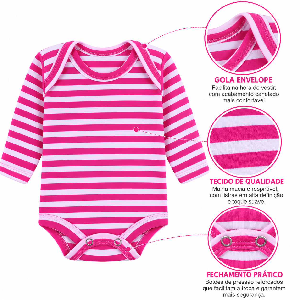 Kit Body Top Chot Manga Longa Suedine Listrado 06 Peças
