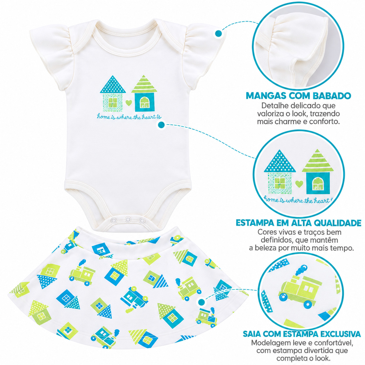Conjunto Bebê Estilinho Body Estampa Casa E Saia