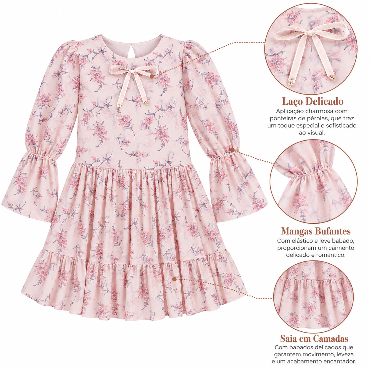 Vestido Infantil Kiki Manga Longa Tule Estampa Flor