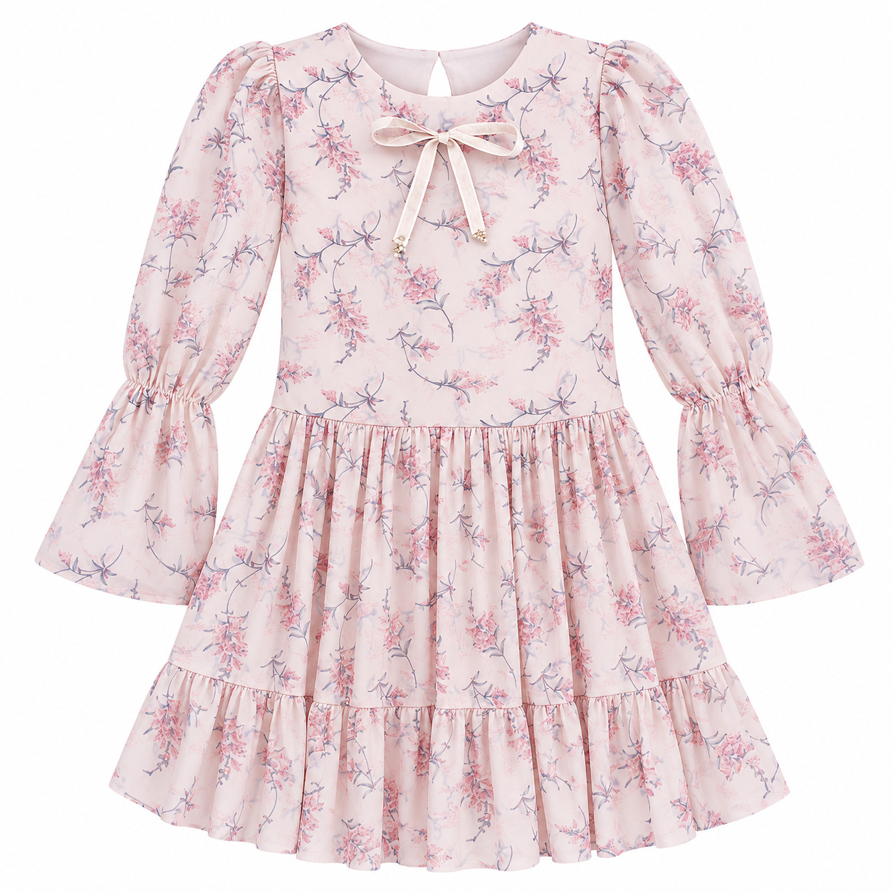 Vestido Infantil Kiki Manga Longa Tule Estampa Flor