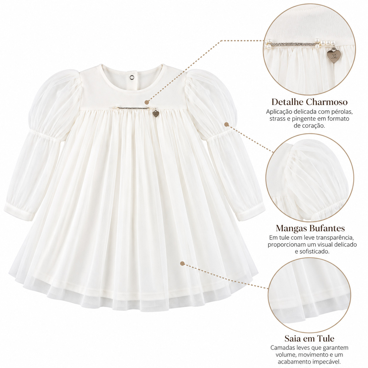 Vestido Manga Longa Bebê Kiki Aplicação De Strass