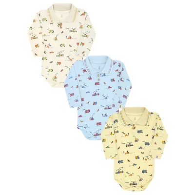Kit Body Polo Manga Longa Bebê Kiko Baby Carros - 03 Peças