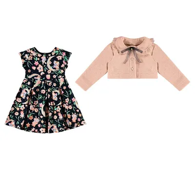 Vestido Bebê Kiki Com Casaco Malha Flock Bosque Vestido Bebê Kiki Com Casaco Malha Flock Bosque