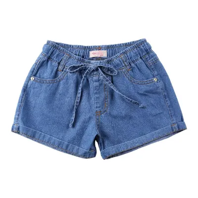 Shorts Jeans Infantil Color Girl Com Cordão E Barra Virada