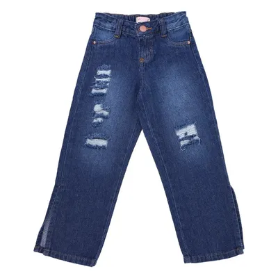 Calça Wide Leg Jeans Infantil Color Girl Used Com Rasgos