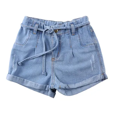 Shorts Jeans Infantil Color Girl Com Cinto E Barra Virada