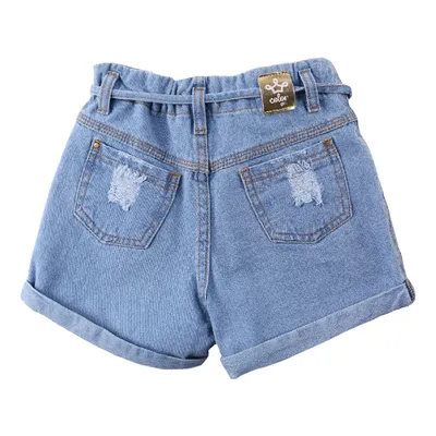 Shorts Jeans Infantil Color Girl Com Cinto E Barra Virada